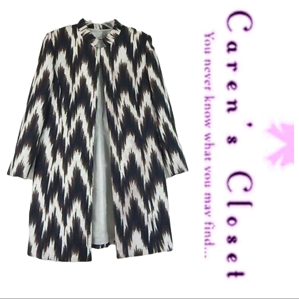 Tahari Chocolate Brown & White Modern Print Long BlazerJacket